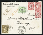 N°53 + 56 + 57, 3 pièces, OBL GC 2964 + T17 Pontarlier (1873) sur lettre chargée (VD 1000F). TB
