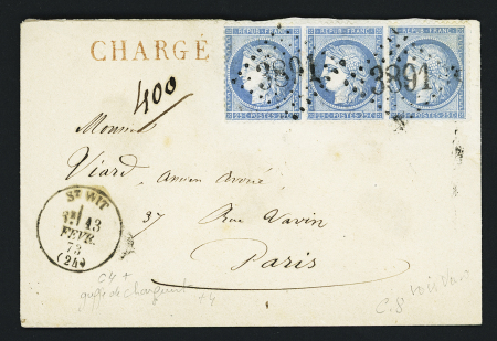 N°60, bande de 3 OBL GC 3891 + T16 "St Wit (24)" (1873) sur lettre chargée pour Paris. TB