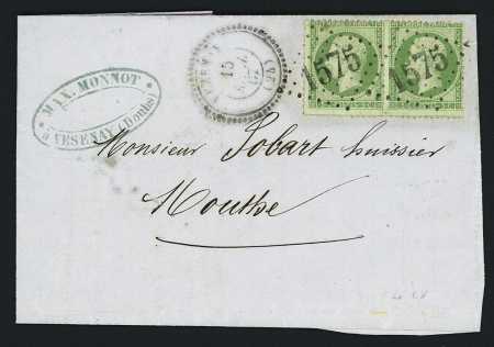N°20 en paire OBL GC 1575 + T22 "Vezenay (24)" (1867) sur lettre, ind 15. TB