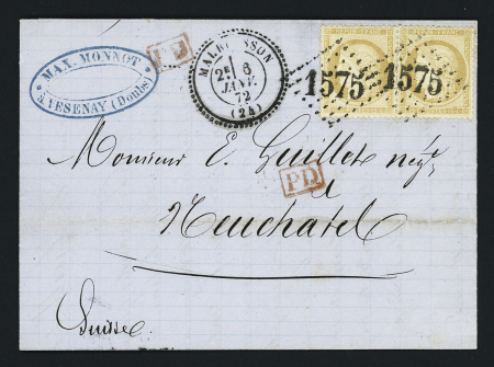 N°59 en paire OBL GC 1575 + T24 Malbuisson (1872) sur lettre pour Neufchatel (Suisse) ave petite griffe rouge encadrée "PD", ind 15. TB