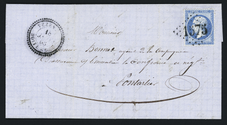 N°22 OBL GC 1575 + CAD perlé T22 "Vezenay boite mobile" (1866) sur lettre. TB