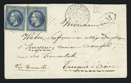 N°29, 2 pièces OBL GC 1790 + T17 Hérimoncourt (1870) + "BM" dans un ovale sur lettre pour Smyrne (Turquie) avec arrivée au verso. TB