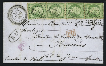 N°20, 4 pièces OBL GC 1575 + CAD perlé T22 de Vézenay (1868) + "BM" dans un ovale sur lettre au tarif frontalier pour la Suisse. TB