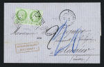 N°53, 5c vert en paire OBL GC 2964 + T17 Pontarlier (1873) sur lettre au tarif frontalier pour Fleurier (Suisse) insuffisamment affranchie à 10c au lieu de 20c avec taxe 2 tampon française et taxe suisse 20 au crayon 