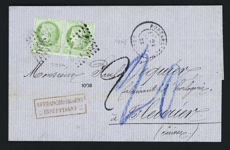 N°53, 5c vert en paire OBL GC 2964 + T17 Pontarlier (1873) sur lettre au tarif frontalier pour Fleurier (Suisse) insuffisamment affranchie à 10c au lieu de 20c avec taxe 2 tampon française et taxe suisse 20 au crayon 