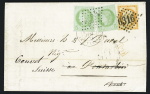 N°38 OBL GC 6316 + T17 "Lyon les Terreaux" (1873) sur lettre pour Pontarlier réexpédiée à Couvet (Suisse) avec adjonction de 2 n°53 OBL GC 2964 de Pontarlier. TB