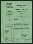 N°19, 1c olive, OBL CAD T15 Clerval (1866) sur une sommation verte des contributions directes. TB