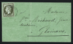 N°19, 1c olive, OBL CAD T15 Clerval (1866) sur une sommation verte des contributions directes. TB