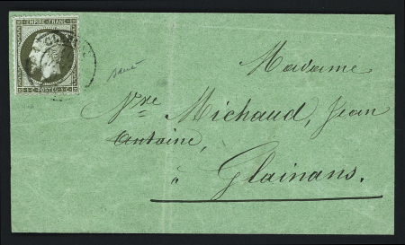 N°19, 1c olive, OBL CAD T15 Clerval (1866) sur une sommation verte des contributions directes. TB