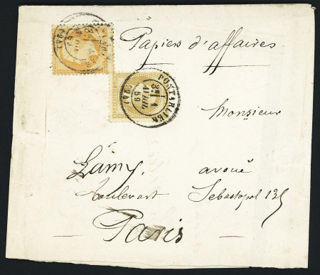N°23 + 28 OBL T17 "Pontarlier (24)" (1869) sur papier d'affaires de 700g. TB
