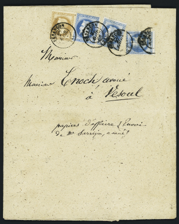 N°28 + 29, 3 pièces, OBL T15 "Besançon" (1868) sur papier d'affaires de 700g. TB