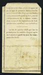 Déclaration de versement de 4 francs avec utilisation tardive de la marque encadrée rouge "Besançon" + CAD T14 Besançon (1843). TB