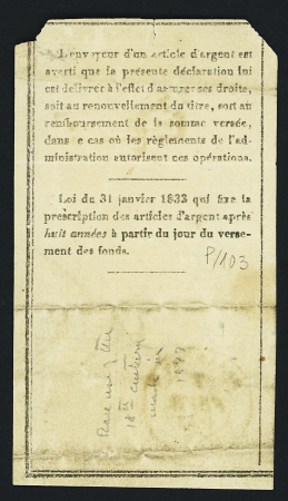 Déclaration de versement de 4 francs avec utilisation tardive de la marque encadrée rouge "Besançon" + CAD T14 Besançon (1843). TB
