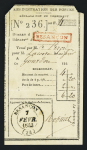 Déclaration de versement de 4 francs avec utilisation tardive de la marque encadrée rouge "Besançon" + CAD T14 Besançon (1843). TB