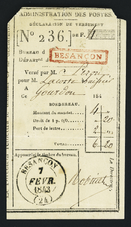 Déclaration de versement de 4 francs avec utilisation tardive de la marque encadrée rouge "Besançon" + CAD T14 Besançon (1843). TB