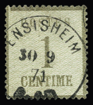N°1b 1c vert-bronze, burelage renversé, obl. càd Ensisheim 30 9 71, TB et N°3b 4c gris-lilas, burelage renversé, obl. càd, TTB