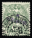 TAXE N°10a 5c vert, surcharge violette, obl. càd propre, TTB. Signé A.Brun et TAXE N°11a 10c rose, surcharge violette, obl. càd propre, TB