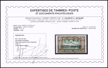 N°239a 50c brun et vert, variété surcharge renversée