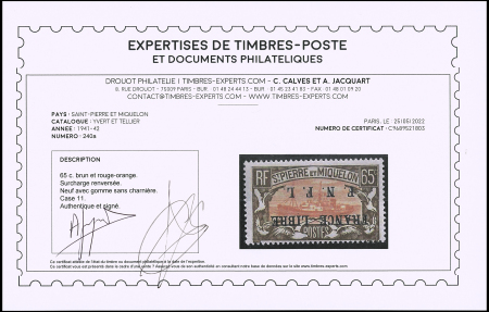 N°240a 65c brun et rouge-orange, variété surcharge