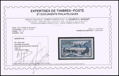 N°253a 25c bleu-vert, case 12, variété surcharge
