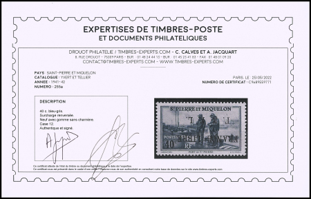 N°255a 40c bleu-gris, case 12, variété surcharge
