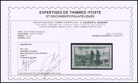 N°256a 45c vert, case 11, variété surcharge renversée