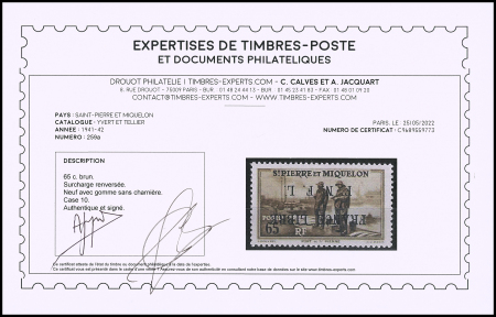 N°259a 65c brun, case 10, variété surcharge renversée