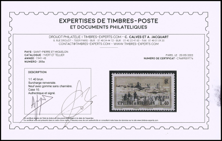 N°265a 1f40 brun, case 10, variété surcharge renversée