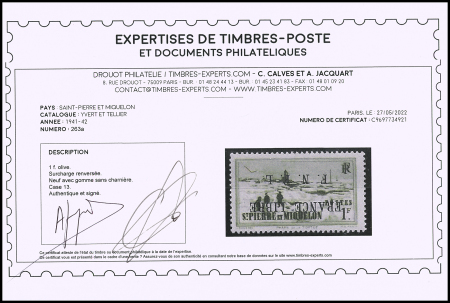 N°263a 1f olive, case 13, variété surcharge renversée