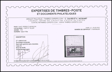 TAXE n°55a 2f violet et noir, case 23, variété surcharge