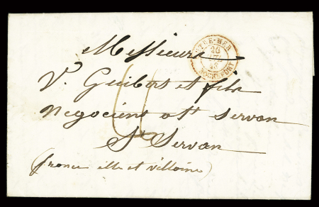 Lettre pour Saint-Servan avec CAD T15 "Outre-Mer Rochefort" (1848) - probablement écrite par un pêcheur de Terre-Neuve. TB