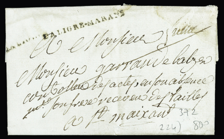Aligre: MP "Daligre - Marans" (1785) + "Franc" manuscrit (L6), ind 20. Rare et TB