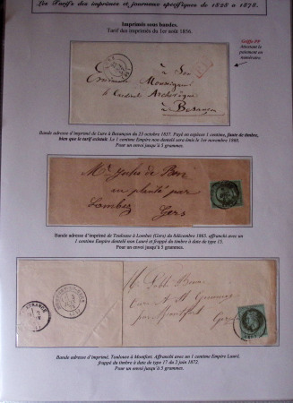 1828-1878, Collection sur la Taxation des imprimés sur +100 pages d'exposition, (la collection a été remaniée plusieurs fois et des pages changées), très bien expliquées, à