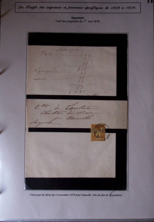 1828-1878, Collection sur la Taxation des imprimés sur +100 pages d'exposition, (la collection a été remaniée plusieurs fois et des pages changées), très bien expliquées, à