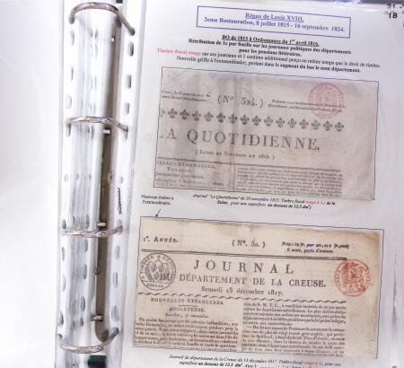 1828-1878, Collection sur la Taxation des imprimés sur +100 pages d'exposition, (la collection a été remaniée plusieurs fois et des pages changées), très bien expliquées, à