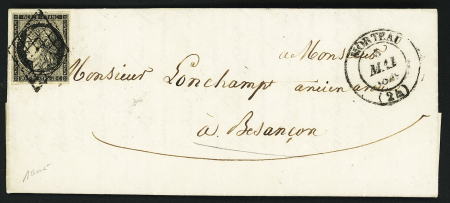 N°3, nuance gris noir OBL grille + T14 Morteau (1849) sur lettre, ind 21. TB