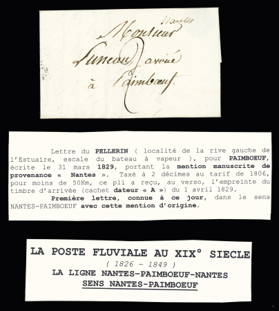Lettre du Pellerin (escale du bateau à vapeur Nantes-Paimboeuf) avec mention manuscrite de provenance "Nantes" (Seule lettre connue dans le sens Nantes-Paimboeuf avec cette mention d'origine). TB
