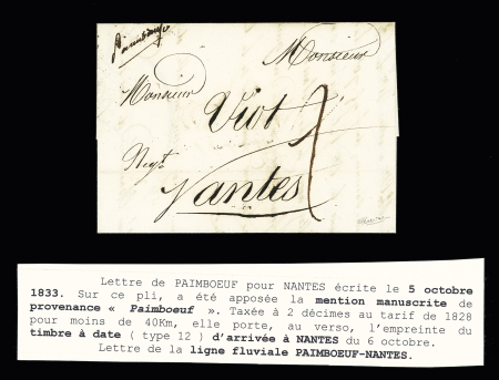 Lettre de Paimboeuf pour Nantes (1833) ayant emprunté la ligne fluviale avec rare mention manuscrite de provenance "Paimboeuf". TB