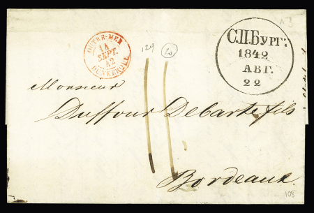 Lettre de Saint-Petersbourg pour Bordeaux avec CAD d'entrée maritime rouge "Outre-Mer Dunkerque" (1842 - Salles n°129), ind 20. TB