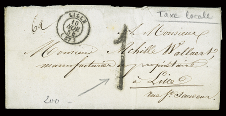 Lettre sans timbre avec CAD T15 Lille (nov 54) + belle taxe locale au tampon "1". TB