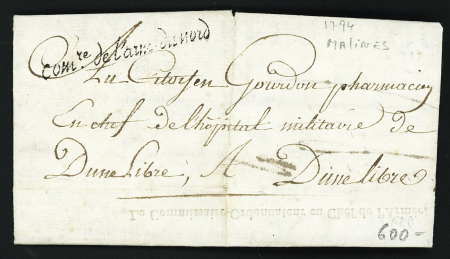 Lettre de Malines (1794) avec marque cursive "COMre de l'Arm du Nord". TB
