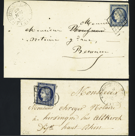 2 lettres AFF n°4 OBL grille + CAD T14 "St Hypolite (Doubs)" (1850 et 1851) sur 2 lettres, ind 16 chaque. B