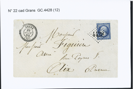 N°22 OBL GC 4428 + T22 "Grans (12)" (1864) sur lettre,