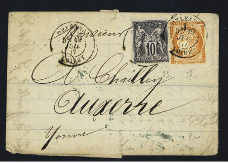 N°38 + 39 OBL T18 "Orléans Loiret" (1877) sur lettre. TB