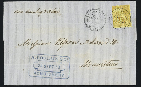 Col. Gen n°53 OBL CAD "Inde Pondichery" (1883) sur lettre pour l'Ile Maurice avec au verso CAD d'arrivée. TB