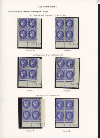 N°374, 2F25 Outremer et n°487, 2 épreuves de luxe + un ensemble de blocs de 4 coin daté et de variétés dont raccord. TB