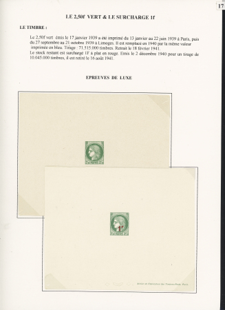 N°375, 2F50 vert et n°488, 2 épreuve de luxe + 6 blocs de 4 coin daté et 3 variétés (surcharges déplacées). TB