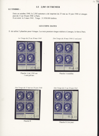 N°375A, 2F50 Outremer : 4 blocs de 4 coins datés et variétés (anneau lune, grains de beauté). TB