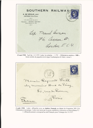 7 lettres : n°372 OBL CAD "Southampton France MB" (1939) sur lettre de Saint-Malo pour Londres (ce cachet disparaitra lors de l'invasion allemande de mai 1940) et n°372 OBL mécanique "Kensington W8" (1938) sur lettre