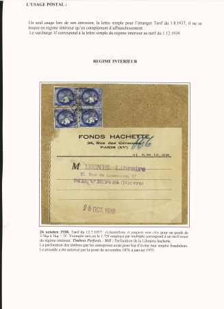 N°372, 4 pièces perforés "MH" (Messagerie Hachette Paris) sur étiquette de colis pour Nevers. TB